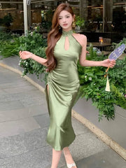Hnewly  Women Dress Sexy Elegant Hollow Out Sleeveless Slim Split Backless Vintage Temperament Dresses Summer Fashion Female
