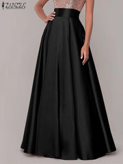 Hnewly Bohemian Women Satin Silk Long Skirts Cotton Solid Elegant Loose Sundress Femme Elastic Waist Oversized Casual Dresses