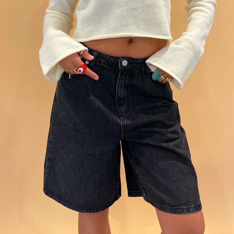 Hnewly  Vintage Knee Length Denim Shorts Summer Fashion Streetwear High Waist Loose Fit Jean Shorts Harajuku Y2K Cyber Grunge Pants
