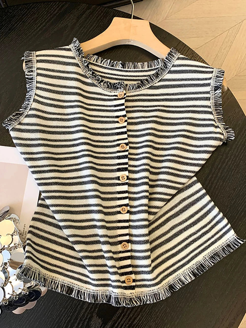 Hnewly  Striped Round Neck Knitted Sweater Cardigan Women's Tassel Sleeveless Vest Tops Single Breasted Versatile Fashion Jacket