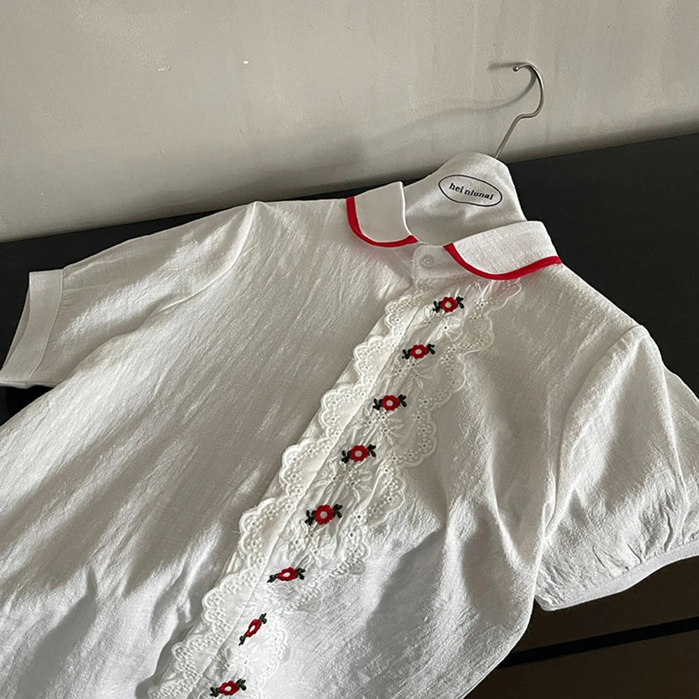 Hnewly  Embroidered Floral Lace Trim Shirt Women's Summer Casual Doll Collar Single-Breasted Tops Short Sleeves Versatile Thin Cardigan