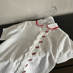 Hnewly  Embroidered Floral Lace Trim Shirt Women's Summer Casual Doll Collar Single-Breasted Tops Short Sleeves Versatile Thin Cardigan