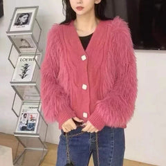 Hnewly  Shaggy Sweater Cardigan for Women Soft Fluffy Knitted V-neck Button Down Jacket Cardi Knitwear Autumn Winter Fashion Chic Outfit