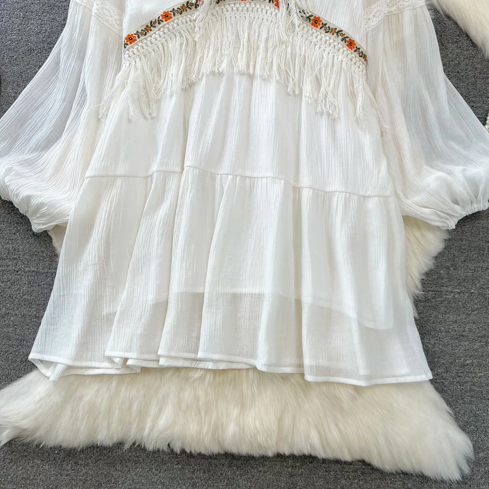 Hnewly  Tassel Patchwork V-neck Vacation Dress Sweet Lantern Sleeves Loose Mid Length A-line Dresses Elegant Embroidery Beach Vestido