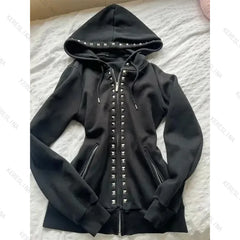 Hnewly  American Retro Gothic Rivet popular Casual High street trendy fashion hooded subculture comfortable versatile zipper sweatshirts