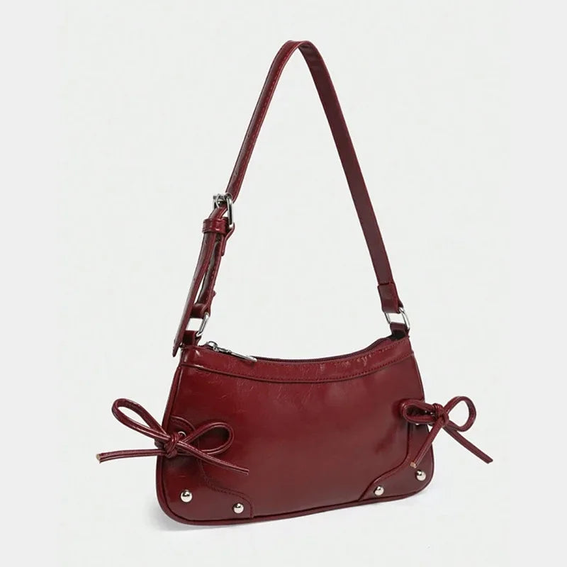Hnewly  Premium Double Bow PU Leather Underarm And Crossbody Bag Woman Luxury Small Square Designer Handbag Female  Versatile Style Y2k