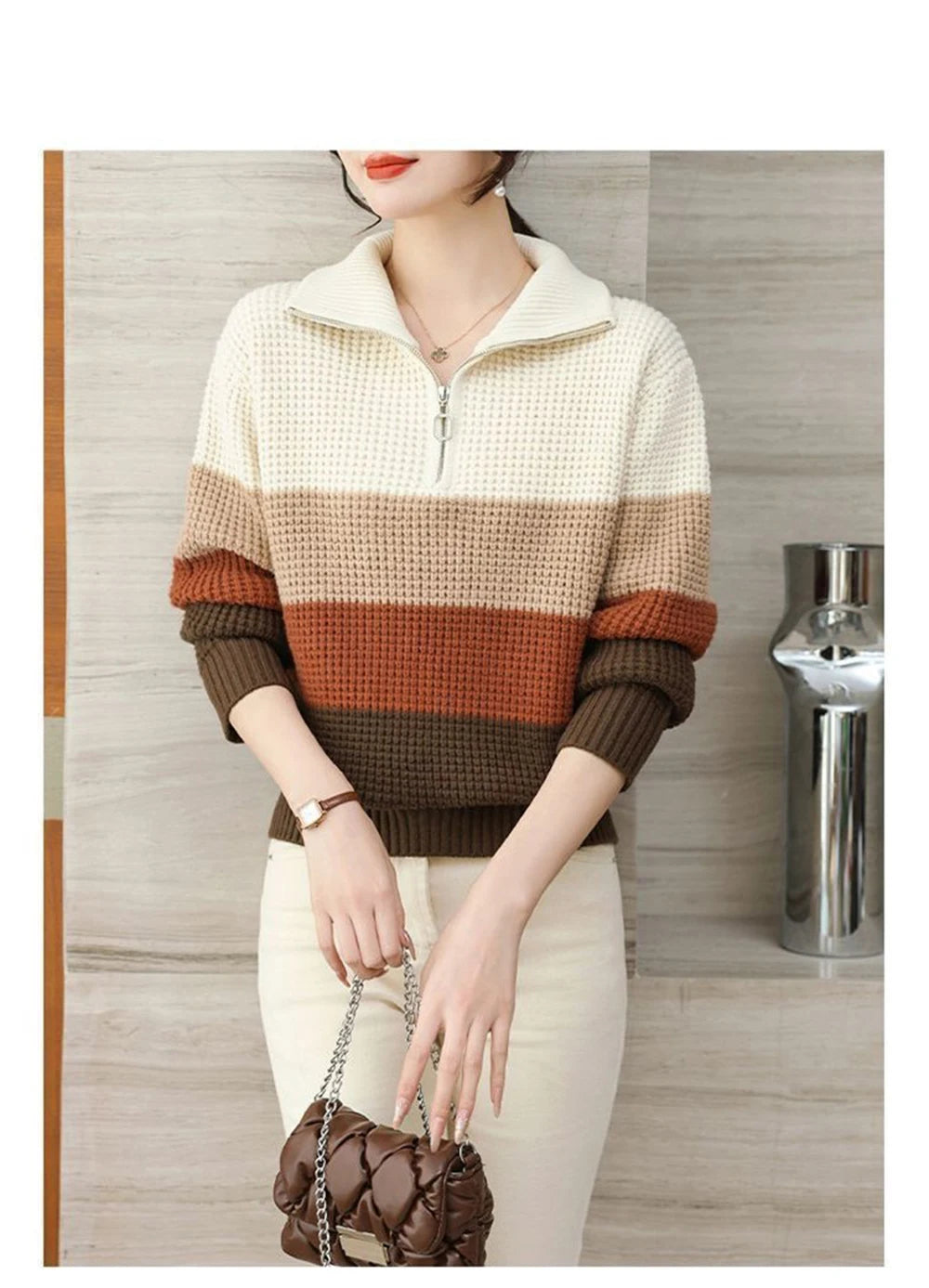 Hnewly  Knitted Stripe Sweater Women's Lapel V-neck Autumn Winter 2025 New Contrast Color Versatile Knitwear Long Sleeve Pullover Tops