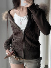 Hnewly Solid Hooded Knitted Autumn Winter New Sweater Cardigan Women Long Sleeve Retro Causal Style Korean Sweater Coat