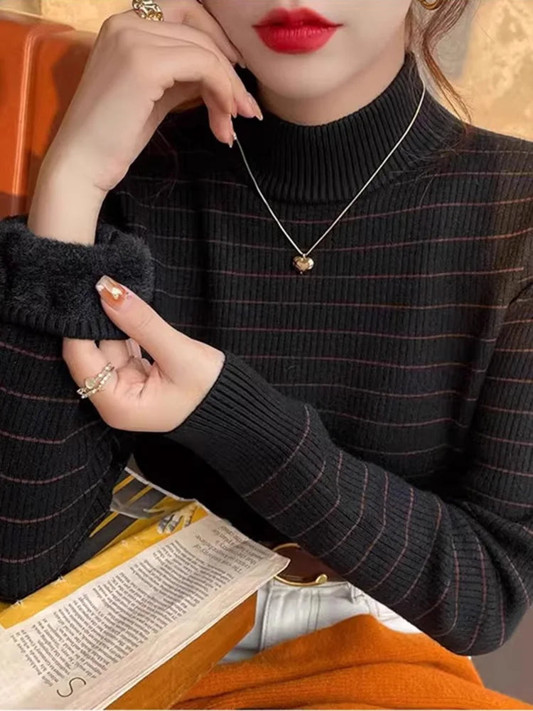 Hnewly  Half High Collar Striped Sweater Velvet Bottoming Shirts for Women's Autumn Winter Thicked Warm Pullover Slim Knitting Top