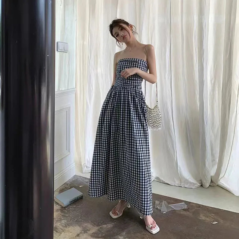 Hnewly Vintage Plaid Dress Women Summer Korean Elegant Tube Top All-Match Midi Dress Y2K Folds Off Shoulder Holiday Beach Vestidos