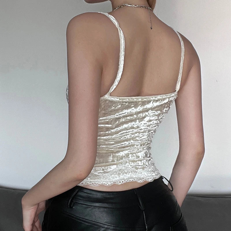 Hnewly Retro Velvet Camis Elegant Y2k Sleeveless Lace Patchwork Strap Crop Top Women Basic Casual Tees 90s Vintage Outfits Sweet