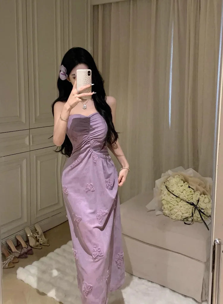 Hnewly  Woman Dress Sweet Sexy Strapless Flowers Slim Backless Vintage Elegant Summer Fashion Party Female Dresses Casual