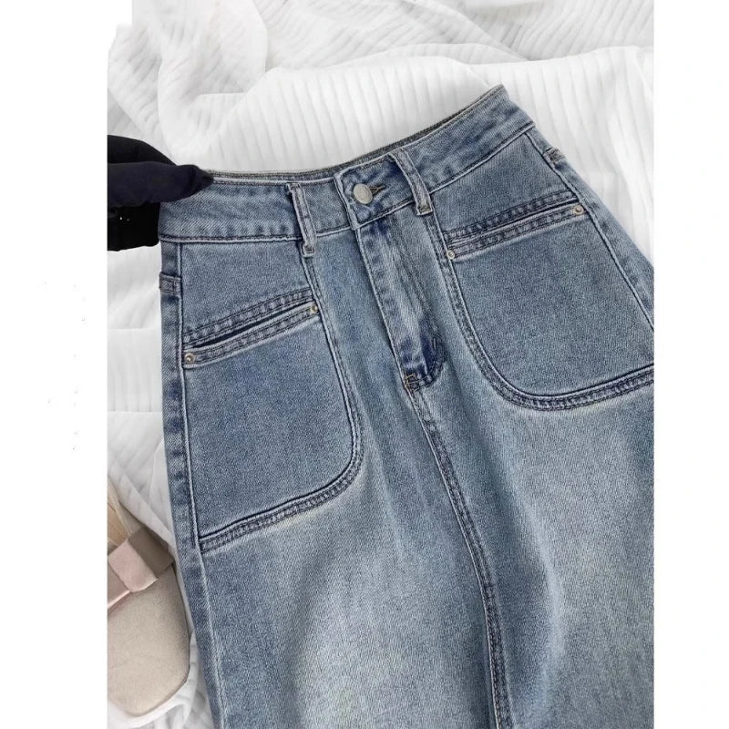 Hnewly Split High Waisted Denim Skirt Versatile Mid Length Jeans Skirt Women Autumn Light Color Fashionable Double Pocket Skirt