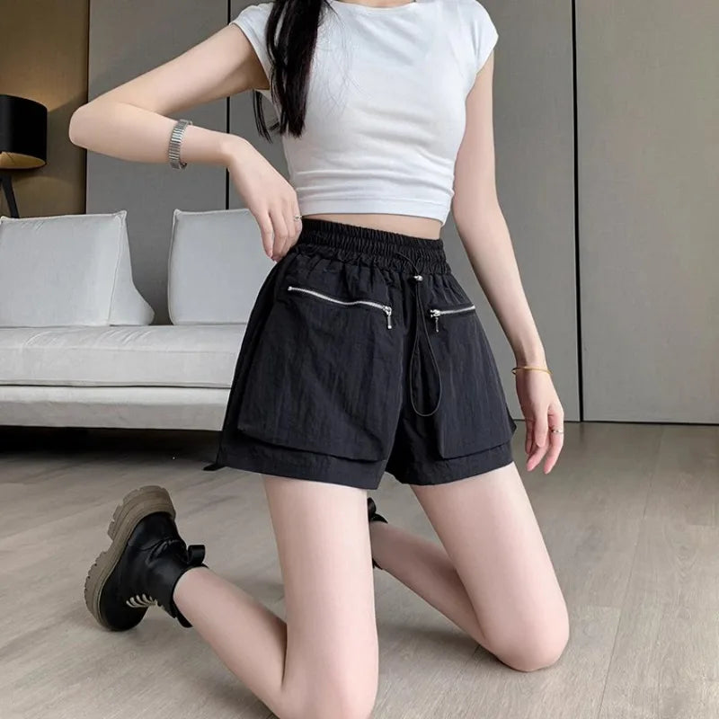 Hnewly  Elastic Waist Casual Wide Women's Cargo Shorts Flowy Trend 2025 Korean Style XL Summer Zippered Pocket Baggy Female Short Pants
