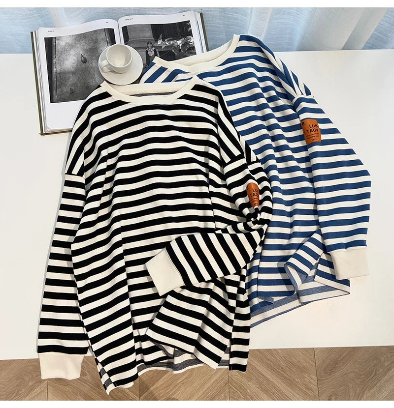 Hnewly  Spring Autumn Striped Sweatshirts  Women Casual Loose Long Sleeve Tops Korean Style Trend All-Matched Pullovers
