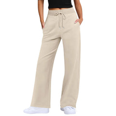 Hnewly  Ladies' Solid Color Wide Leg Casual And Versatile Straight Trousers High Waisted Baggy Flared Drawstring Athletic Joggers