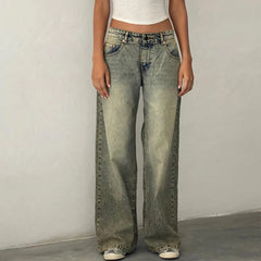 Hnewly  Women Y2K Low Rise Baggy Jeans Retro Aesthetic Loose Fit Boyfriend Straight Wide Leg Jeans Trendy Stretch Long Denim Pants