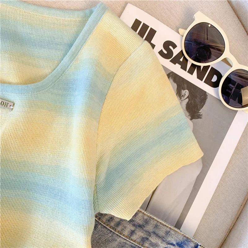 Hnewly  Contrast Striped T-shirt For Women's Summer Knitted Short Sleeved Tee  Cool Girls Fashion High Street Square Collar Short Top