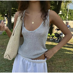 Hnewly  Sexy Women's Knit Shiny Tank Tops Solid V-neck Sleeveless See Through Crop Vests Summer Lady Cozy All-match Streetwear New