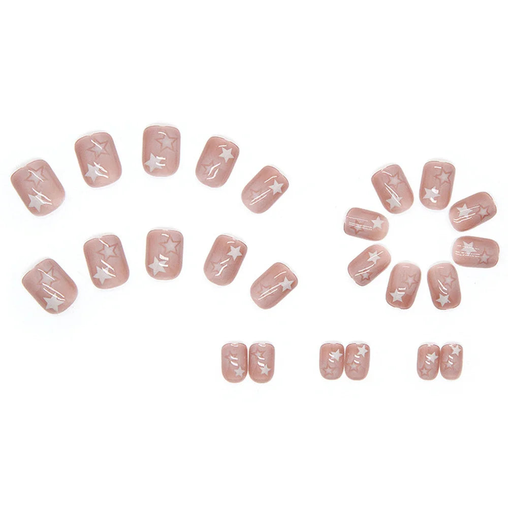 Hnewly 24pcs Gradient False Nails Cute Star Printed Design Fake Nail Short Square Faux Ongles Manicure Nail Stickers Press On Nail Tips