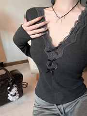 Hnewly  Bow Front Rib Knit Top with Lace Trim Chest Pad V-neck Long Sleeve Fitted Shirt Pullovers Sweater Women Teen-girl Y2K Coquette