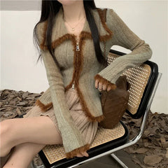 Hnewly Vintage Gradient Polo Zipper Cardigan Women Autumn Winter Long Sleeve Cashmere Sweater Knitted Top Outwear Jumpers