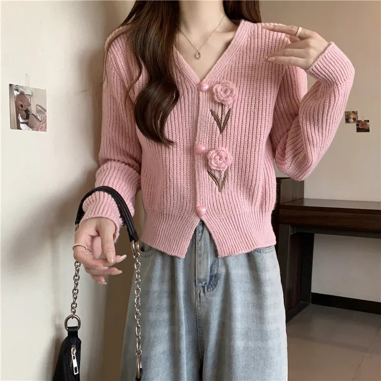 Hnewly  Flower Applique Knit Cardigan Autumn Winter Women Cardigan Sweater Coats Long Sleeve Crop Knitted Jackets Cute Outfit