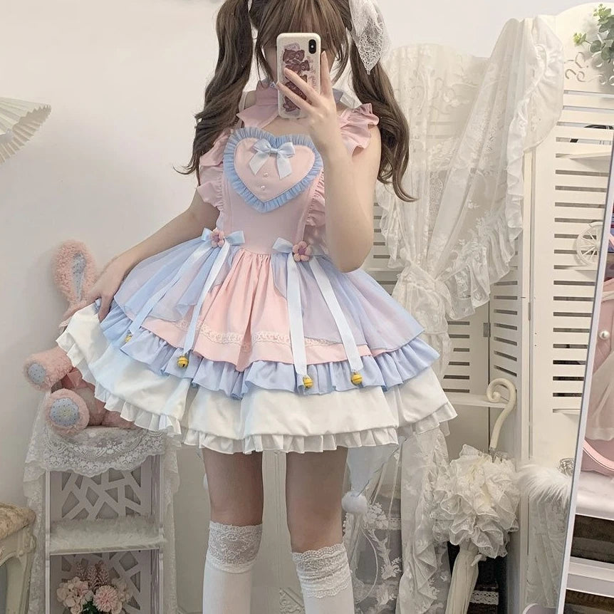 Hnewly  Japanese Sweet Lolita Jsk Dress Women Kawaii Bow Mesh Ruffles Tea Party Dresses Harajuku Cute Pink Blue Princess Mini Cake Dress
