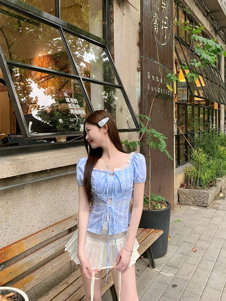 Hnewly  Blouse Women Sweet Elegant Plaid Lace Patchwork Bandage Puff Short Sleeve Crop Tops Square Collar Female Casual Shirts