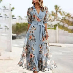 Lunivop  Women V-neck Ruffle Short Sleeve Maxi Dress Waist Tight High-waist Hem Sweet Floral Print Chiffon Dress Female Clothing