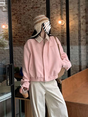 Hnewly  Pink Faux Suede Jacket Women Sweet Long Sleeve Vintage Streetwear Baseball Coat Fall Casual Retro American Y2K Lady Outwear