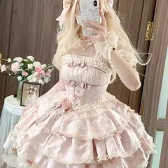 Hnewly  New Japanese Original Ballet Style Lolita Pink Dress Doll Feel Strap Dress Sweet Cute Girl JSK Puffy Princess Dresses