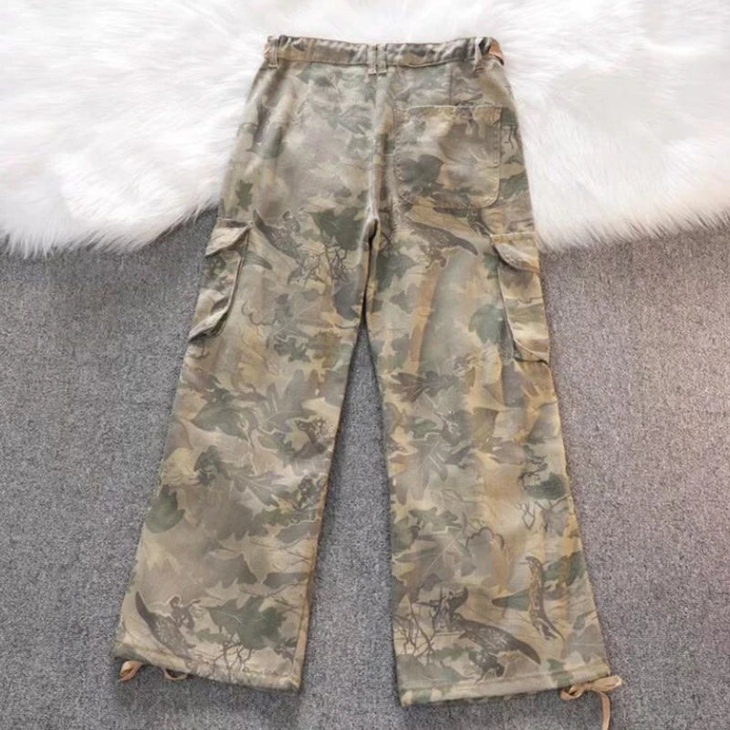 Hnewly Y2K Camouflage Cargo Jeans for Women American Midi Waist Drawstring Wide Leg Pants Bf Fashion Streetwear Hip Hop Denim Trousers