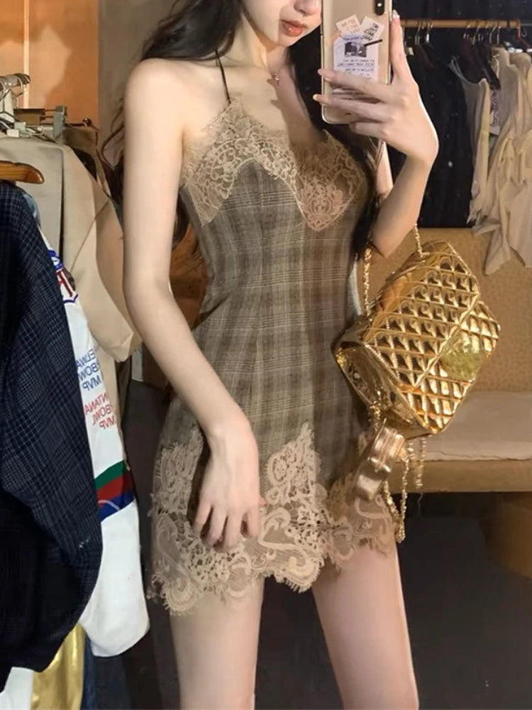Hnewly DRESS TO IMPRESS French Vintage Striped Plaid Short Dress Women Spring New Pure Desire Sleeveless Mini Dress One Piece Corset Sweet Short Dress