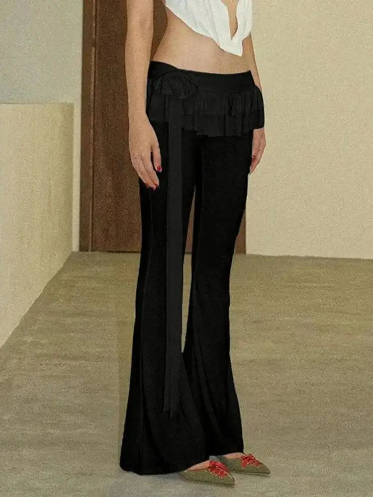 Hnewly Black Lace Up Ruffled Skirt Pants Low Waist Women Coquette Y2K Streetwear Wide Leg Trouser Fashion Flare Pants Harajuku