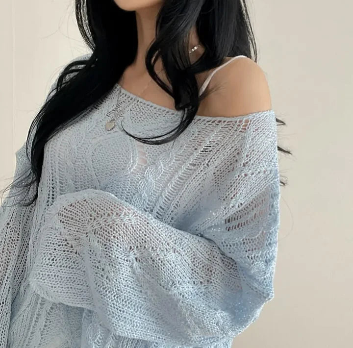 Hnewly  Long Sleeve Crochet Top Cable Knit Summer Beach Bikini Cover Up Crop Pullover Openwork Blouse Women Vacation Boho Outfit