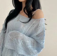 Hnewly  Long Sleeve Crochet Top Cable Knit Summer Beach Bikini Cover Up Crop Pullover Openwork Blouse Women Vacation Boho Outfit