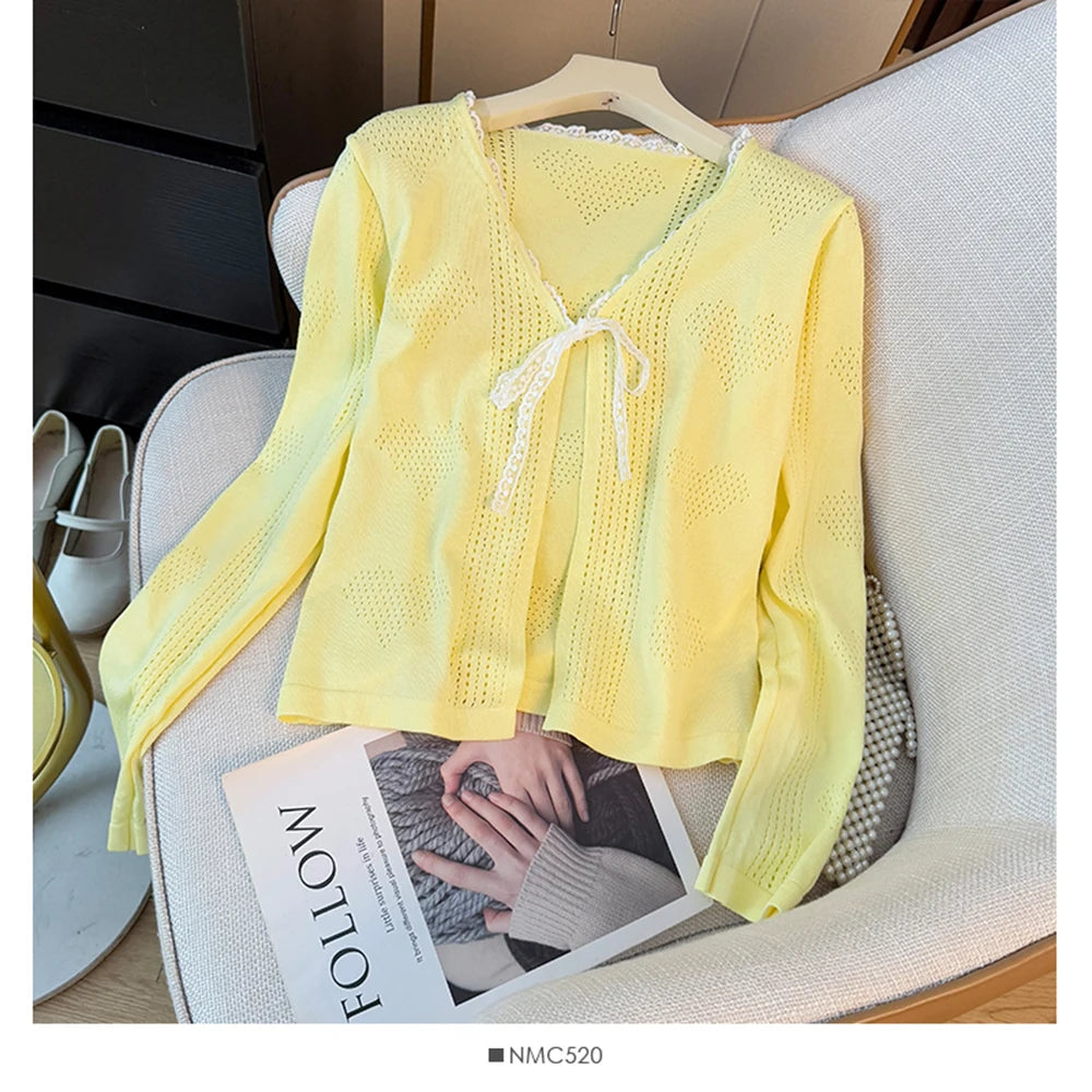 Hnewly  Sweet Lace Trim Heart Hollow Knit Cardigan Women's V-Neck Long Sleeve Early Autumn Bow Tie Loose Fit Female Short Tops