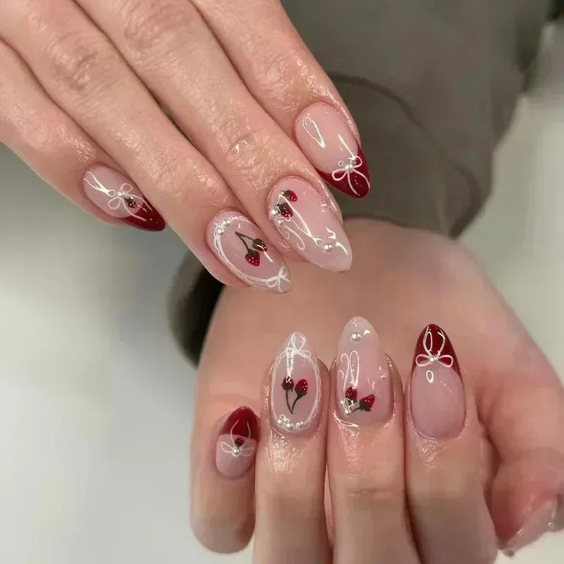 Hnewly 24Pcs White Almond False Nails Ballet with French Design Wearable Fake Nails Gradient Simple Full Cover Press on Nail Tips Art