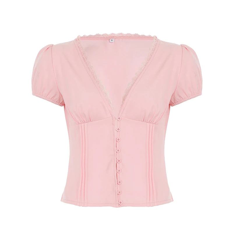 Hnewly Elegant Lace V-neck Blouse Women Vintage 2000s Button Up Short Sleeve Slim-fitting Crop Tops Summer Casual Streetwear Tee
