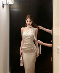 Hnewly  Woman Dress Lace Patchwork Sleeveless Diagonal Collar Satin Split Solid French Style Temperament Party Dresses Elegant