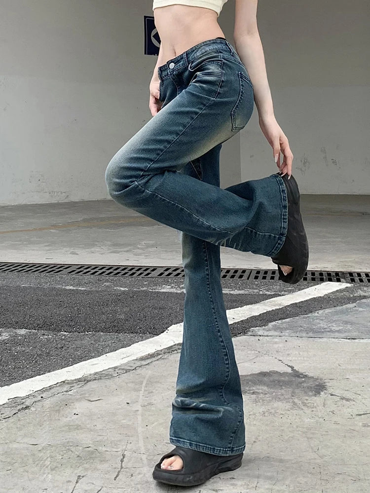 Hnewly Vintage Flare Jeans Low Rise Women Sexy Fashion Washed Jean Pants cyber Y2K Grunge Fairycore Denim Trousers Korean