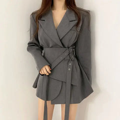 Hnewly Premium Spring Double Belt Black Suit Coat Women Thin Irregular Fake Two Piece Waist Slimming A-line Short Suit Dress for Women