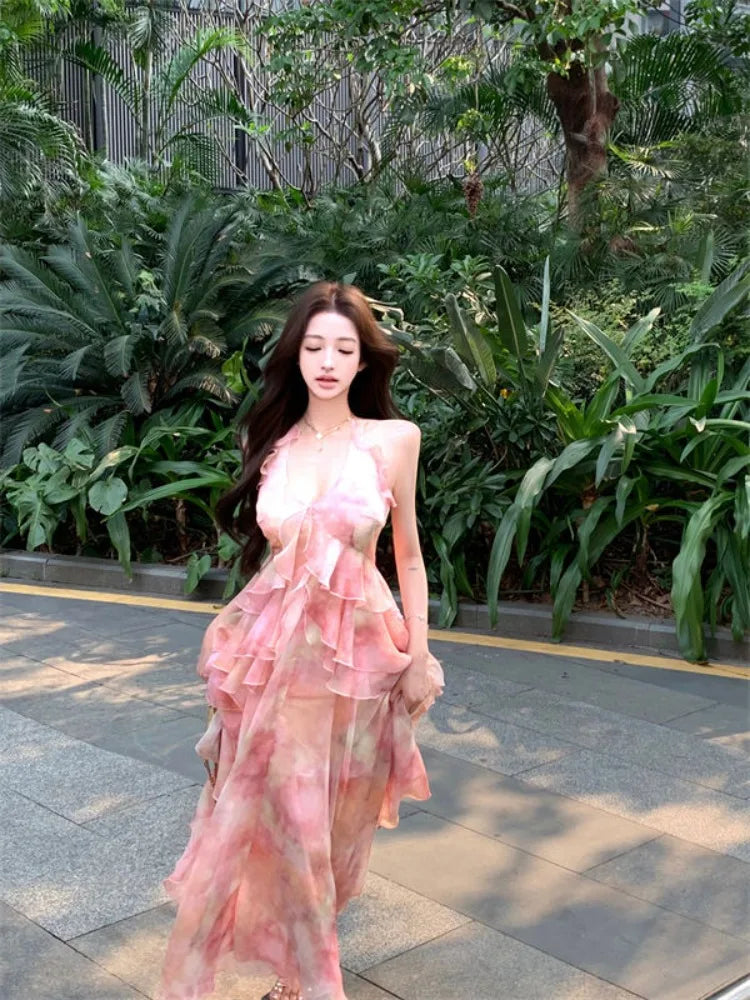Hnewly  Dresses Women Ruffles Patchwork Sleeveless Halter Tie Dye Slim Summer Fashion Elegant Temperament Dress Party Holiday