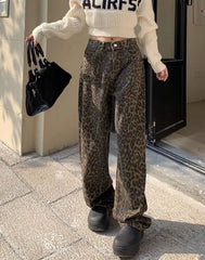 Hnewly Vintage Leopard Print Pantalon Femme Wide Leg Pants Women High Waist Straight Y2k Jeans Casual Fashion Korean  Jean Trousers