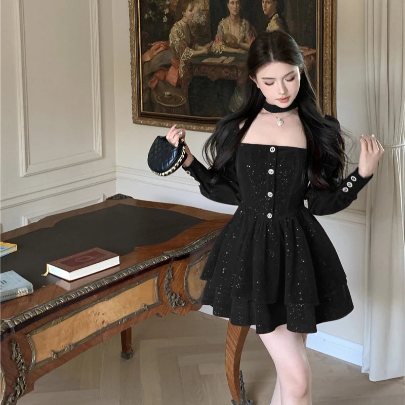Hnewly NEW YEAR DRESS TO IMPRESS Long Sleeve Velvet Dress Women Princess Square Collar Autumn Buttons Ruffles Bling Design Fashion Temper Elegant Seductive New