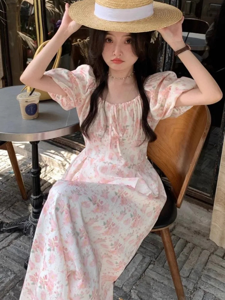 Hnewly Summer Floral Printed Midi Dress Women Off Shoulder Puff Sleeve Fairy A-line Elegant Dresses Casual Korean Fahion Vestidos Mujer
