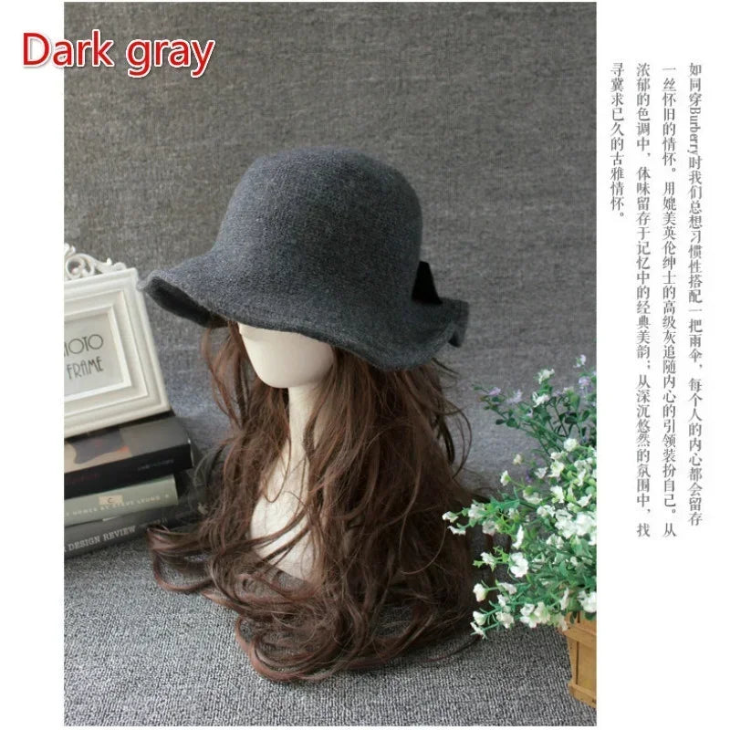 Hnewly Vintage Wool Bucket Hats Women Fashion Bows Basin Fisherman Hat Winter Black Coffee Dark Camel Hat Ladies Head Accessories