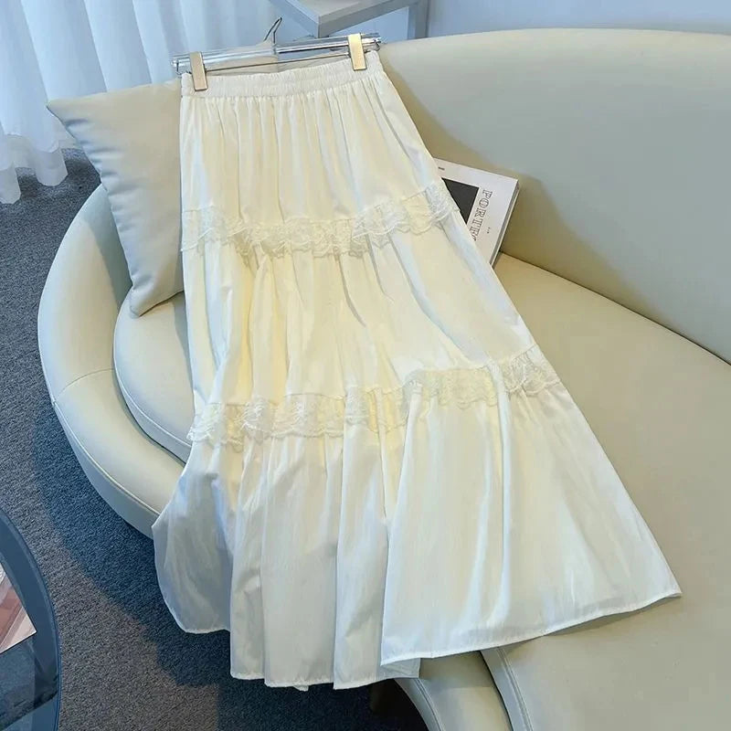 Hnewly Lace Patchwork White Midi Skirts for Women Y2K Loose Elastic High Waist Female Ruffles A Line Skirts Korean Elegant Skirt Mujer