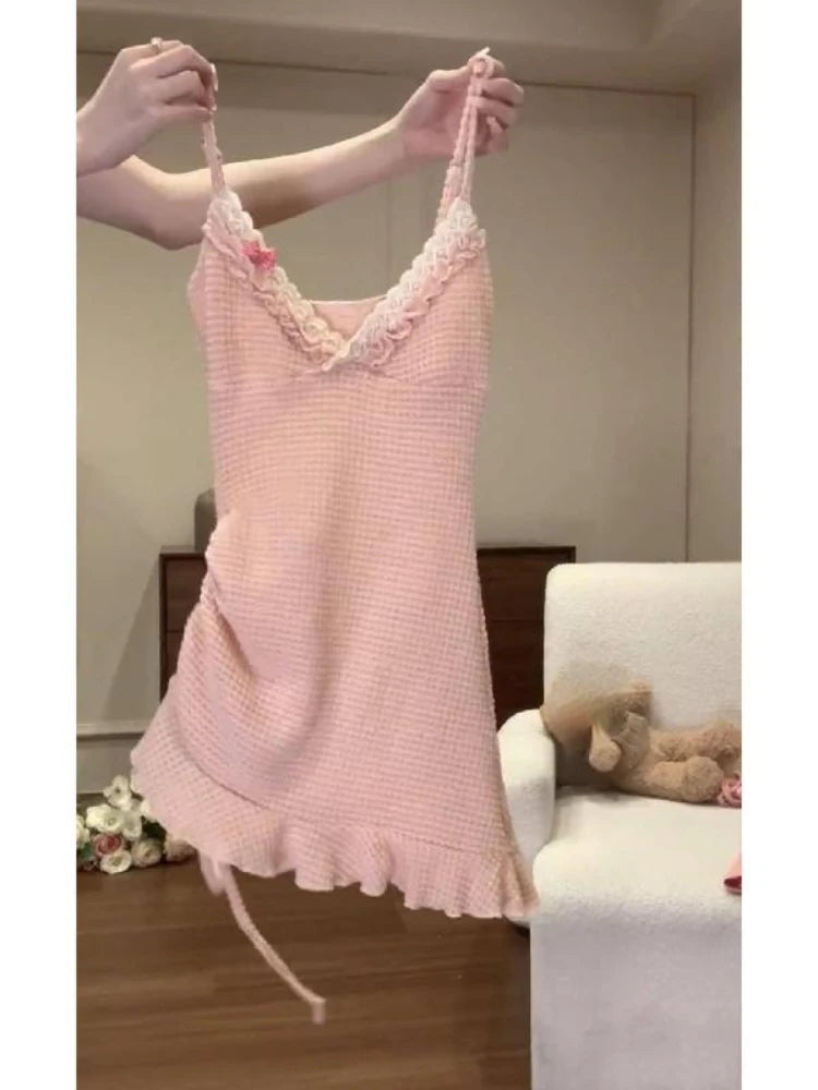Hnewly Vintage Sweet Kawaii 2 Piece Sets Dresses Women Retro Lace Neckline Irregular Slip Dress Evening Party Japanese Suits